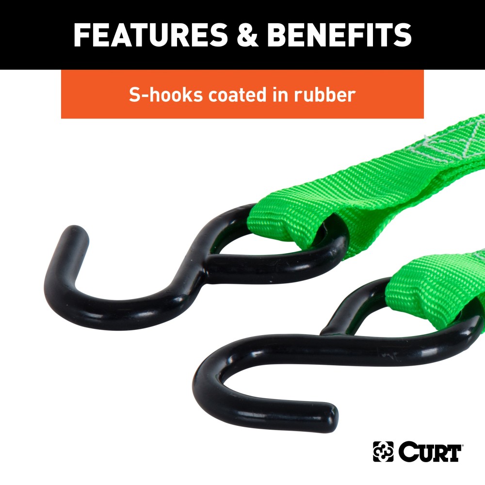 CURT 15' Cargo Straps with Cambuckle and Rubber-Coated S-Hooks CURT dark green 15-foot cambuckle cargo straps with rubber-coated S-hooks