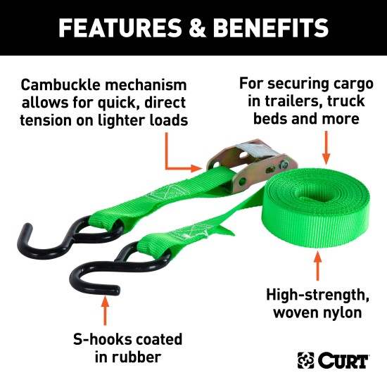CURT cargo strap, 16 feet long green cambuckle with S-hooks, 4-pack