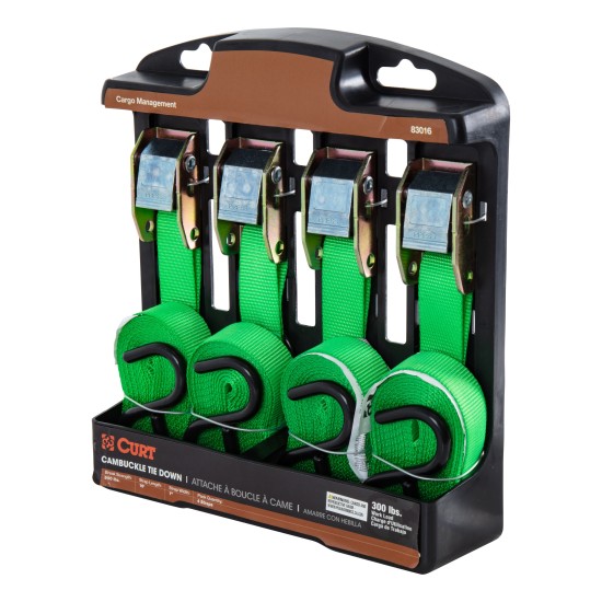 CURT cargo strap, 16 feet long green cambuckle with S-hooks, 4-pack
