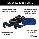 Two blue CURT cargo straps, 16 feet long, with ratchet and rubber-coated J-hooks