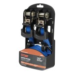 Two blue CURT cargo straps, 16 feet long, with ratchet and rubber-coated J-hooks