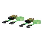 CURT Lime Green Ratchet Tie Down Straps with Rubber-Coated S-Hooks Pair of lime green CURT ratchet tie down straps with rubber-coated S-hooks for secure cargo transport.