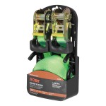 CURT Lime Green Ratchet Tie Down Straps with Rubber-Coated S-Hooks Pair of lime green CURT ratchet tie down straps with rubber-coated S-hooks for secure cargo transport.