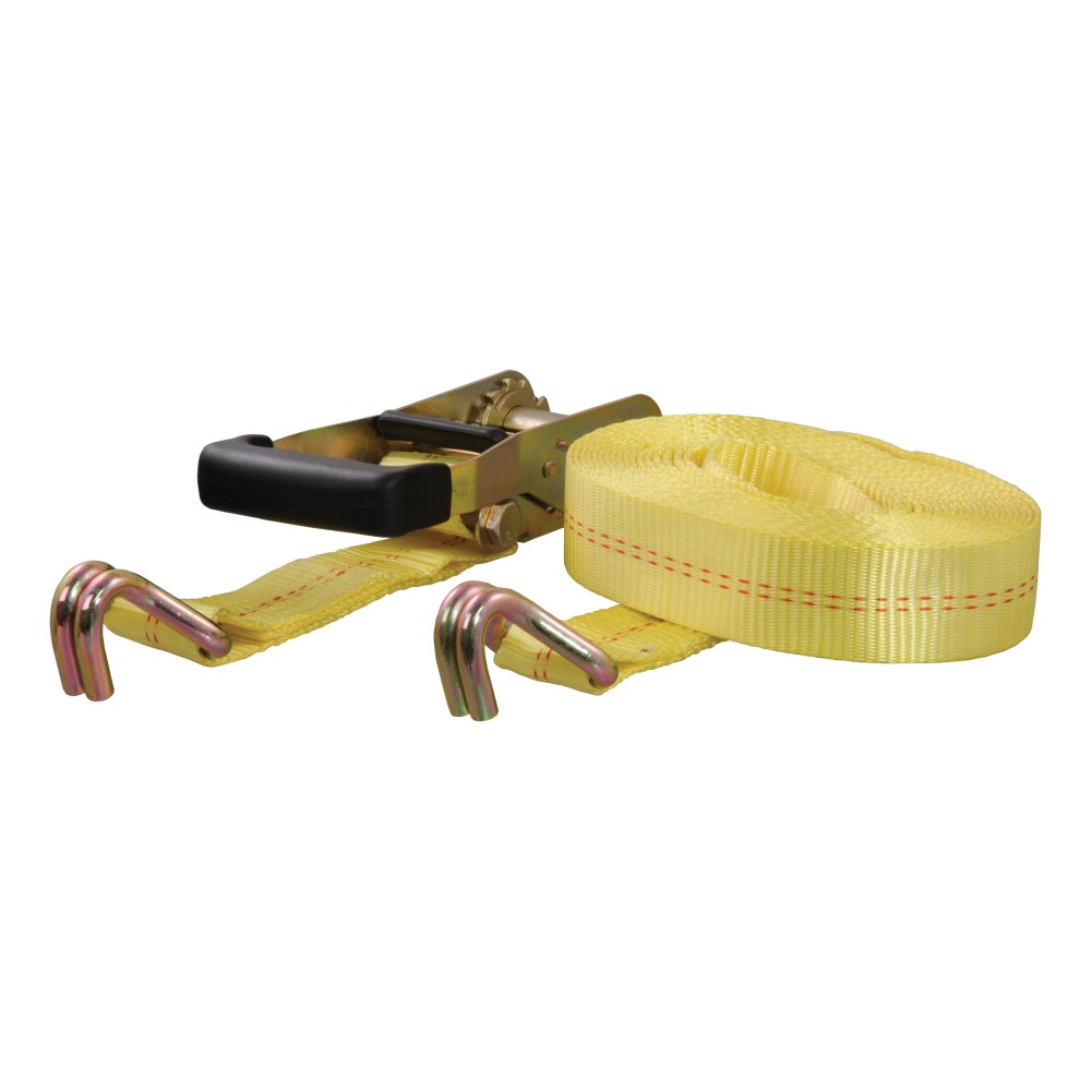 CURT 27 ft Ratchet Tie Down Strap with Zinc J-Hooks Yellow CURT ratchet tie down strap with zinc J-hooks for cargo security