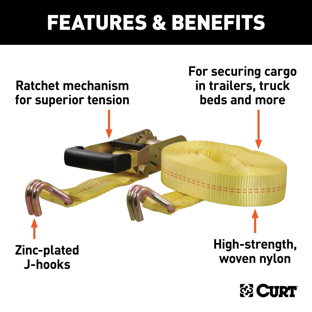 CURT 27 ft Ratchet Tie Down Strap with Zinc J-Hooks Yellow CURT ratchet tie down strap with zinc J-hooks for cargo security