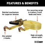 CURT 27 ft Ratchet Tie Down Strap with Zinc J-Hooks Yellow CURT ratchet tie down strap with zinc J-hooks for cargo security