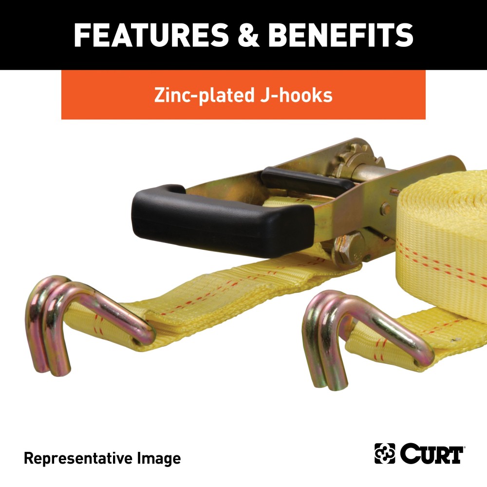 CURT 27 ft Ratchet Tie Down Strap with Zinc J-Hooks Yellow CURT ratchet tie down strap with zinc J-hooks for cargo security