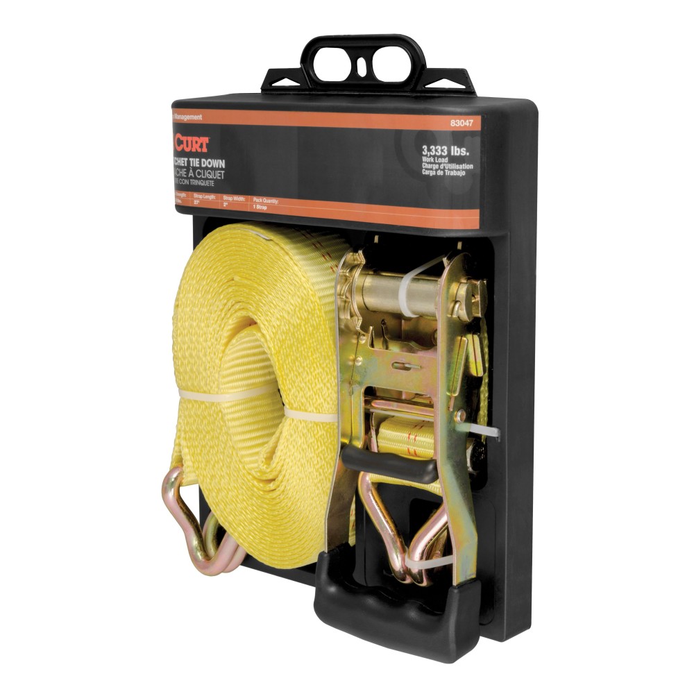 CURT 27 ft Ratchet Tie Down Strap with Zinc J-Hooks Yellow CURT ratchet tie down strap with zinc J-hooks for cargo security