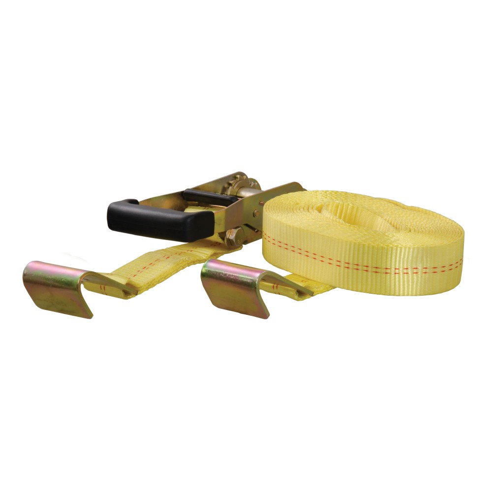 CURT yellow cargo strap with flat hooks, 27 feet long, ideal for securing heavy loads with a break strength of 10,000 lbs.
