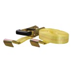 CURT yellow cargo strap with flat hooks, 27 feet long, ideal for securing heavy loads with a break strength of 10,000 lbs.