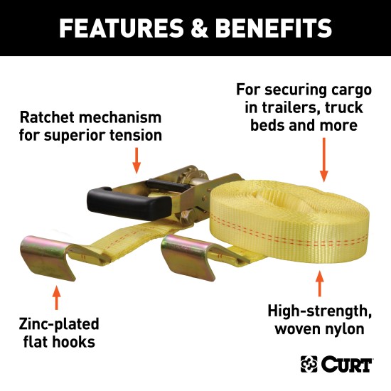 CURT yellow cargo strap with flat hooks, 27 feet long, ideal for securing heavy loads with a break strength of 10,000 lbs.