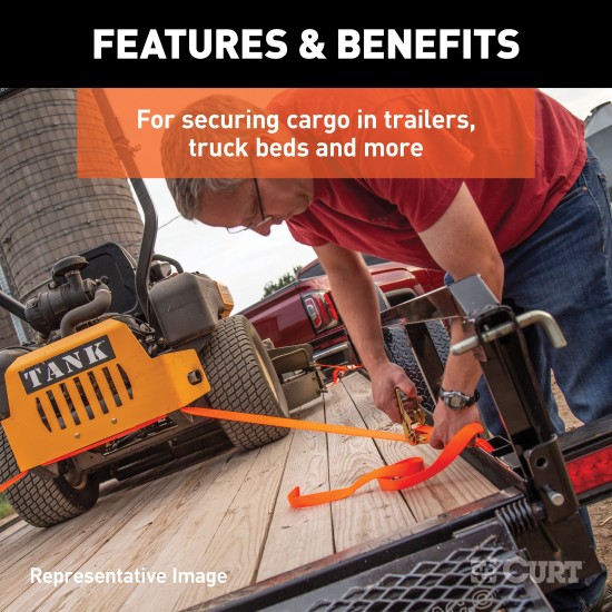 CURT yellow cargo strap with flat hooks, 27 feet long, ideal for securing heavy loads with a break strength of 10,000 lbs.