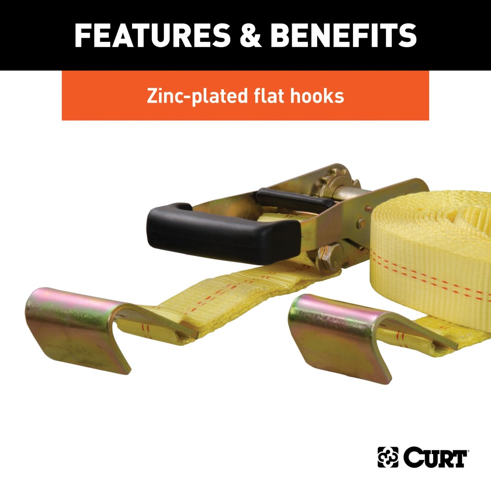 CURT yellow cargo strap with flat hooks, 27 feet long, ideal for securing heavy loads with a break strength of 10,000 lbs.