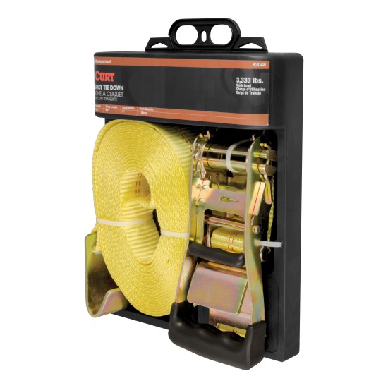 CURT yellow cargo strap with flat hooks, 27 feet long, ideal for securing heavy loads with a break strength of 10,000 lbs.