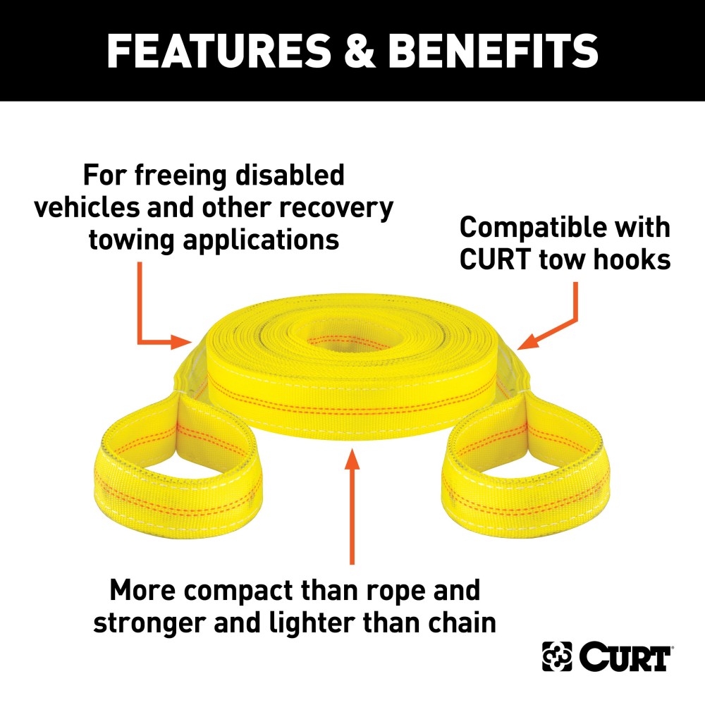 CURT Vehicle Recovery Strap with 9000 lbs Weight Capacity CURT vehicle recovery strap with looped ends, 30 foot length, 9000 lbs weight capacity and 18000 lbs break strength.