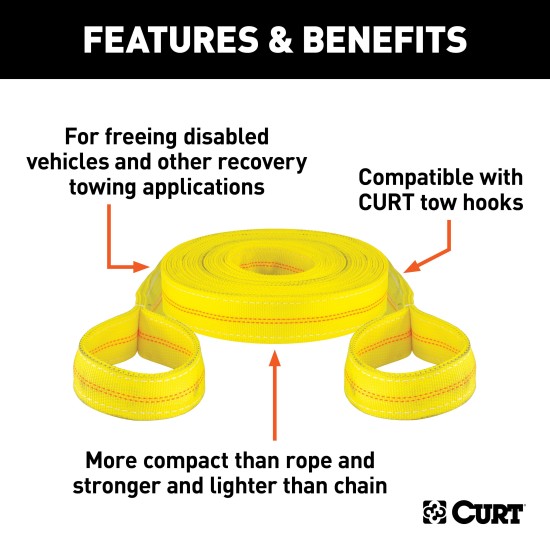 CURT Vehicle Recovery Strap with 9000 lbs Weight Capacity CURT vehicle recovery strap with looped ends, 30 foot length, 9000 lbs weight capacity and 18000 lbs break strength.