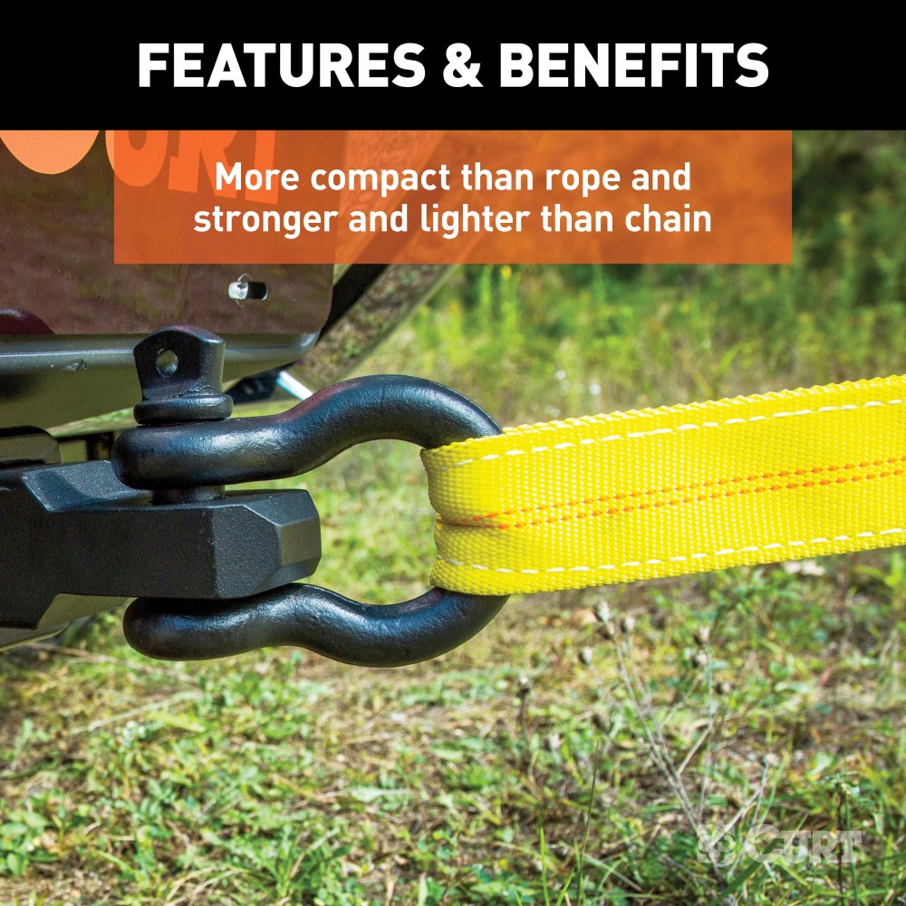 CURT Vehicle Recovery Strap with 9000 lbs Weight Capacity CURT vehicle recovery strap with looped ends, 30 foot length, 9000 lbs weight capacity and 18000 lbs break strength.
