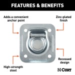 CURT Recessed D-Ring Tiedown Anchor for Cargo Safety CURT recessed floor wall tiedown anchor with zinc-plated steel construction, ideal for securing cargo in trucks and trailers.