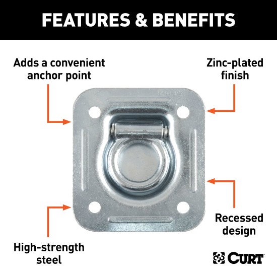 CURT Recessed D-Ring Tiedown Anchor for Cargo Safety CURT recessed floor wall tiedown anchor with zinc-plated steel construction, ideal for securing cargo in trucks and trailers.