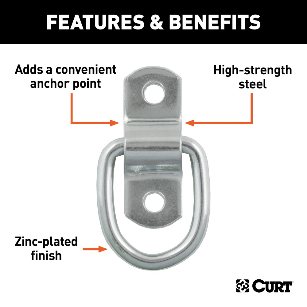 CURT D-ring tiedown anchor with zinc-plated steel construction for cargo security in trailers and trucks.