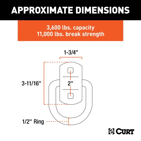 CURT D-Ring Tiedown Anchor with Zinc Plating and 3,600 lbs. Capacity CURT D-ring tiedown anchor, zinc plated for durability, used for securing cargo in trailers and trucks