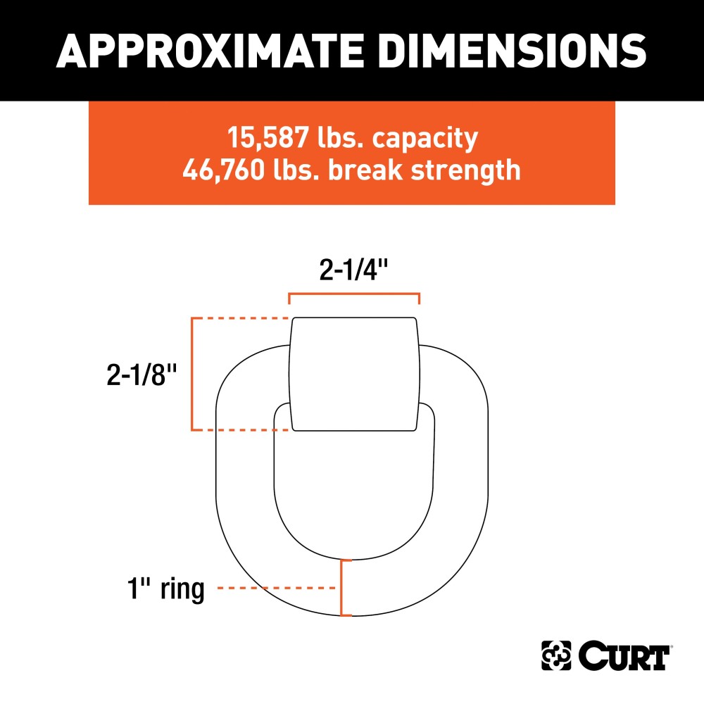 CURT Heavy-Duty D-Ring Tiedown Anchor for Cargo Security CURT D-ring tiedown anchor with a forged steel construction and 15,587 lbs. load capacity for securing cargo.