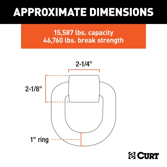 CURT Heavy-Duty D-Ring Tiedown Anchor for Cargo Security CURT D-ring tiedown anchor with a forged steel construction and 15,587 lbs. load capacity for securing cargo.