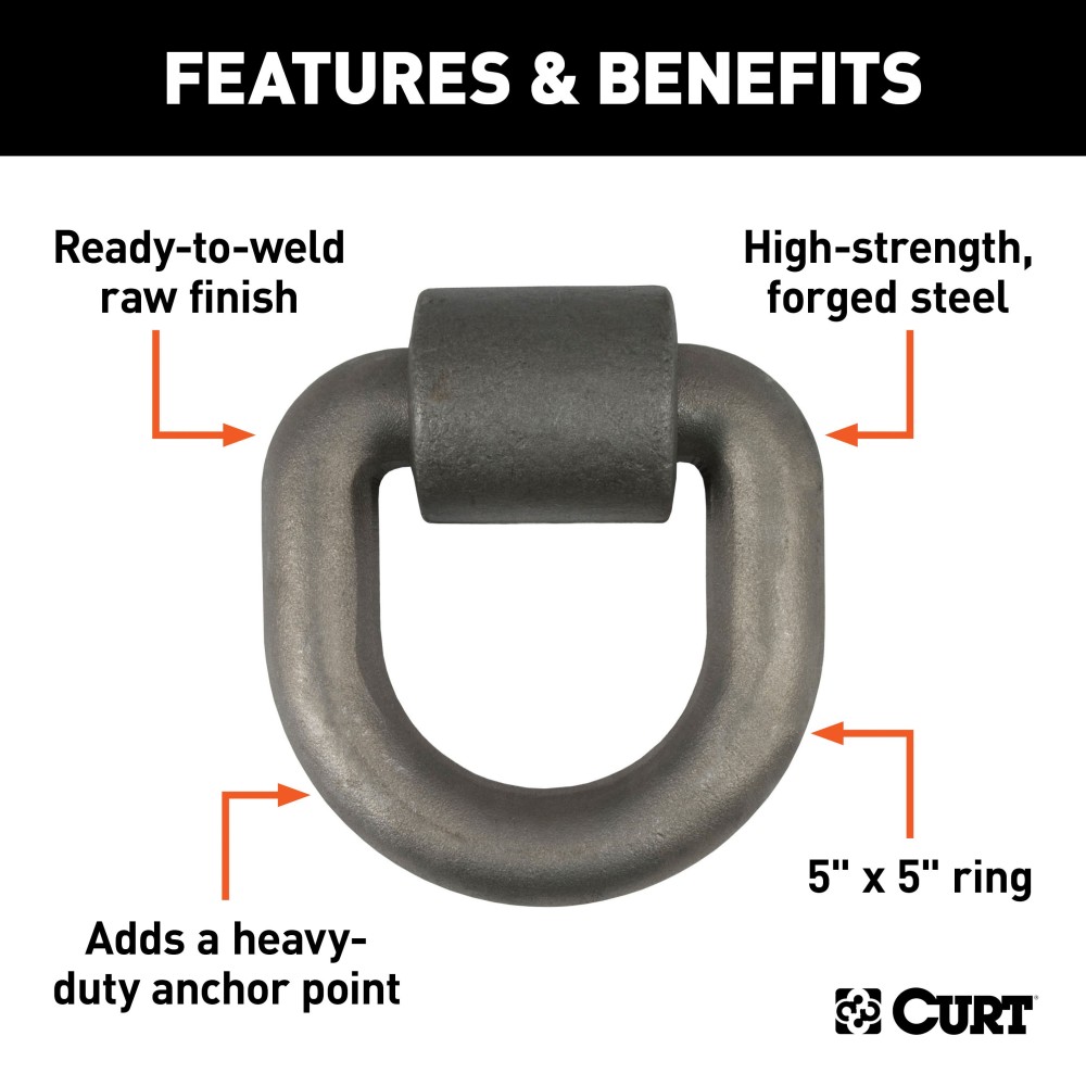 CURT Heavy-Duty D-Ring Tiedown Anchor for Cargo Security CURT D-ring tiedown anchor with a forged steel construction and 15,587 lbs. load capacity for securing cargo.