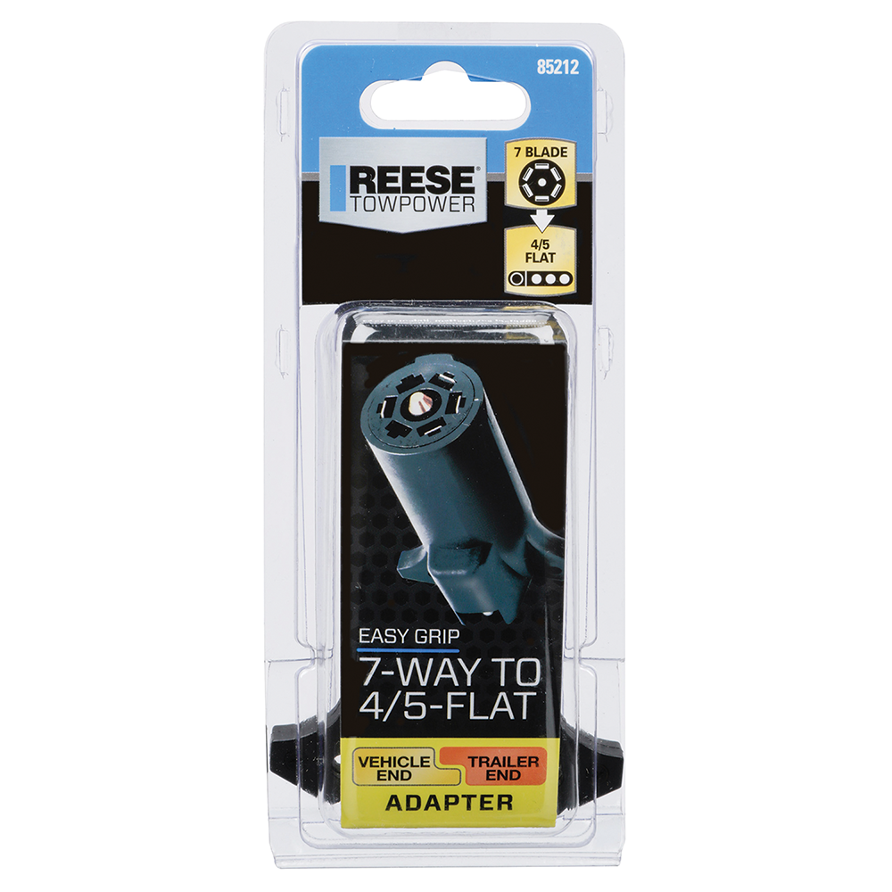 REESE Towpower Trailer Adapter - 7-Way Blade to 4 or 5-Flat REESE Towpower adapter for connecting 4 or 5-way flat trailer plugs to 7-way receptacles
