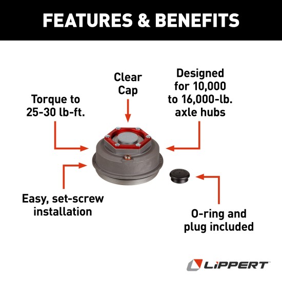 Replacement Oil/Dust Cap for Lippert Axle Assemblies Lippert replacement oil and dust cap for 10,000-16,000 lb axle hubs with clear cap and complete seal components