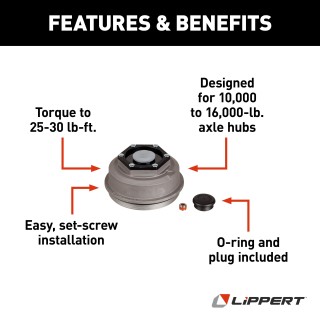 Lippert Replacement Oil and Dust Cap for Axles Lippert axle replacement oil and dust cap with O-ring and plug
