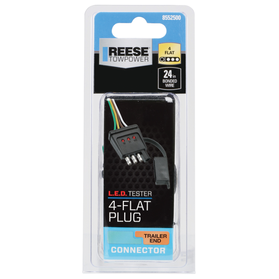 REESE Towpower 4-Flat trailer connector with built-in LED tester for towing trailers.