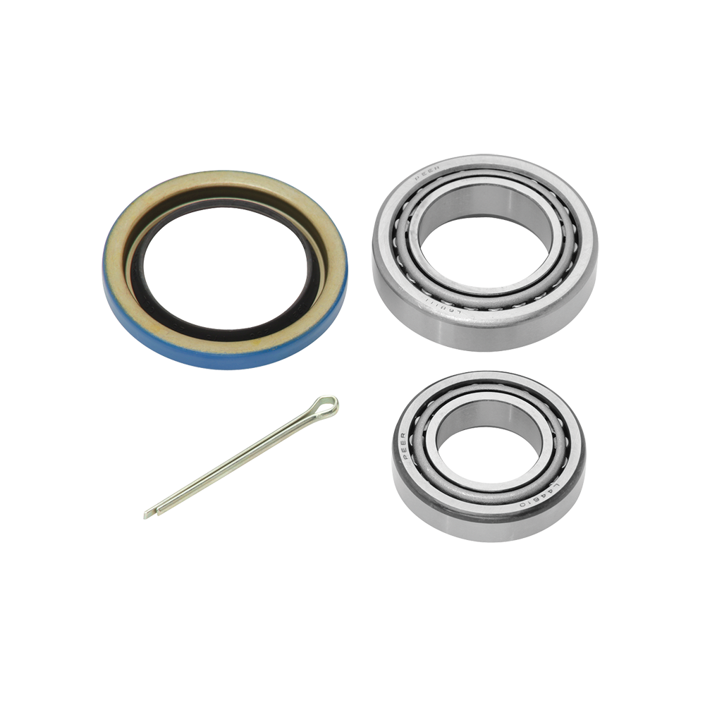 Bearing kit with cones, cups, seal, and pin for trailer hubs.