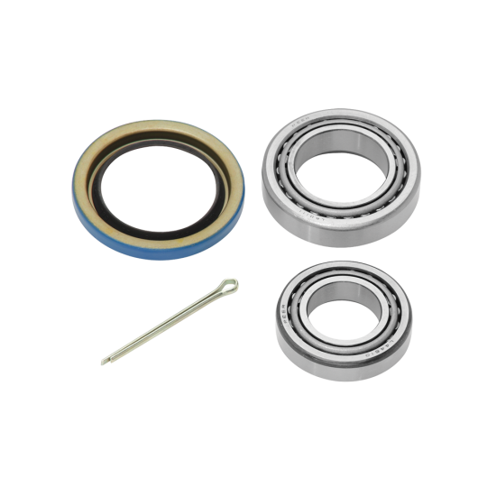 Bearing kit with cones, cups, seal, and pin for trailer hubs.