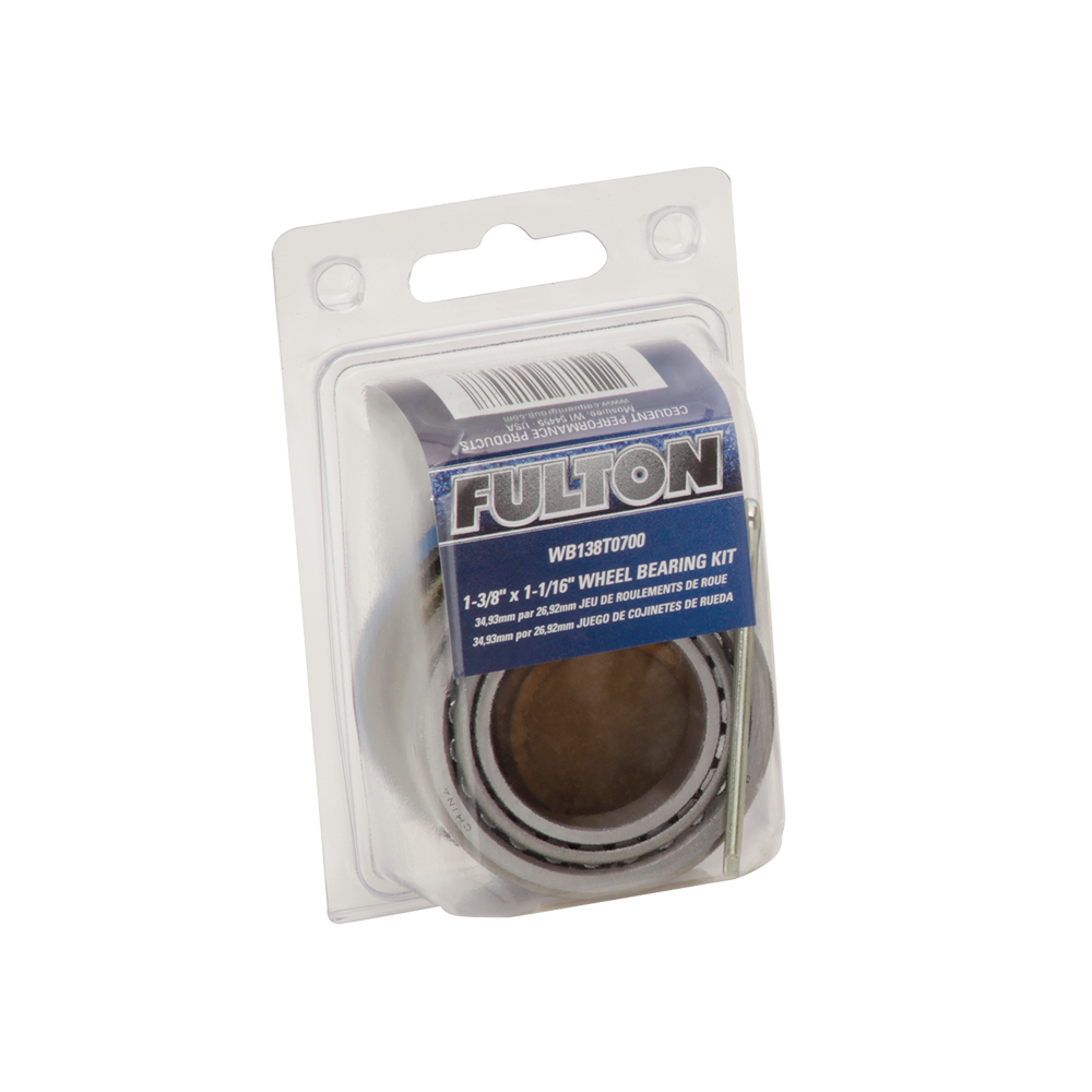 Bearing kit with cones, cups, seal, and pin for trailer hubs.