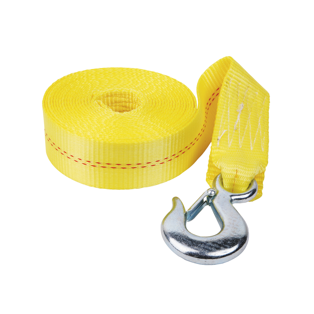 20-Foot Nylon Winch Strap with Hook for Fulton Hand Winches High-strength nylon winch strap with hook, 20 feet long, supports 4,000 lbs, compatible with Fulton hand winches.