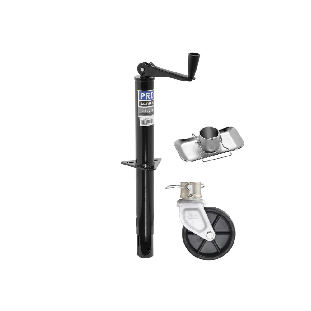 1400600303 1400700340 1400750340 Pro Series Pro Series Round 5000 lbs. A-Frame Trailer Jack Topwind 15" Lift 2" Footplate Stand 6" Plastic Caster Wheel Pro Series Round 5,000 lbs. A-Frame Trailer Jack Topwind 15" Lift w/ 2" Footplate Stand & 6" Plastic Caster Wheel