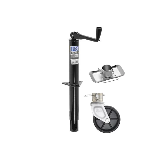 1400600303 1400700340 1400750340 Pro Series Pro Series Round 5000 lbs. A-Frame Trailer Jack Topwind 15" Lift 2" Footplate Stand 6" Plastic Caster Wheel Pro Series Round 5,000 lbs. A-Frame Trailer Jack Topwind 15" Lift w/ 2" Footplate Stand & 6" Plastic Caster Wheel