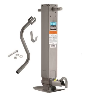 140094 Pro Series Square Trailer Jack Side Mount 12000 lbs. Support Capacity Side Wind Weld-On 12-1/2 inch Travel Pro Series 12,000 lbs. Square Trailer Jack 26" Lift Drop Leg Spring Return Pin on Side w/ Crank