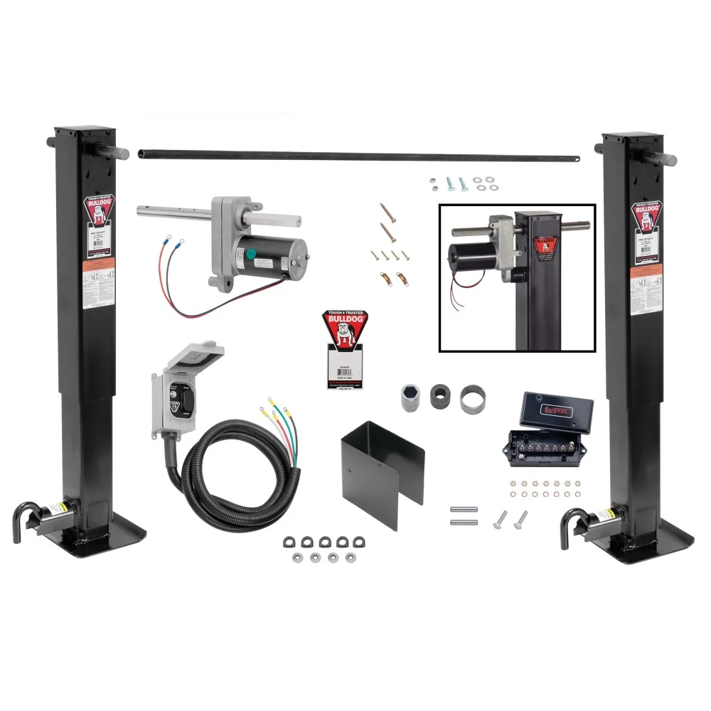 Bulldog 2x 12K Jacks Dual Landing Gear & Electric Motor Kit w/ Cross Shaft Pipe Combo Drop Leg w/ Spring Return Powered Drive- 26" Lift 