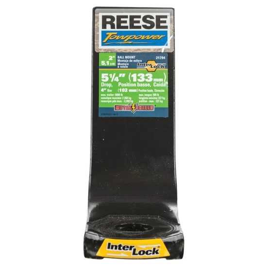21794 Reese Towpower Trailer Hitch Ball Mount 5000 lbs. Capacity Fits 2 inch Receiver 5-1/4 inch Drop Black Reese 5,000 lbs Ball Mount Fits 2" Receiver 4-1/4" Drop 4" Rise 10" Long 1" Ball Hole w/InterLock