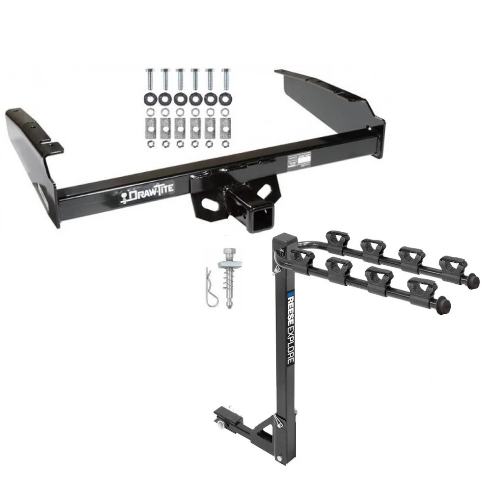 Trailer Tow Hitch w/ 4 Bike Rack For 80-97 Ford F-150 F-250 F-350 80-83 F-100 1997 Heavy Duty tilt away adult or child arms fold down carrier w/ Lock and Cover