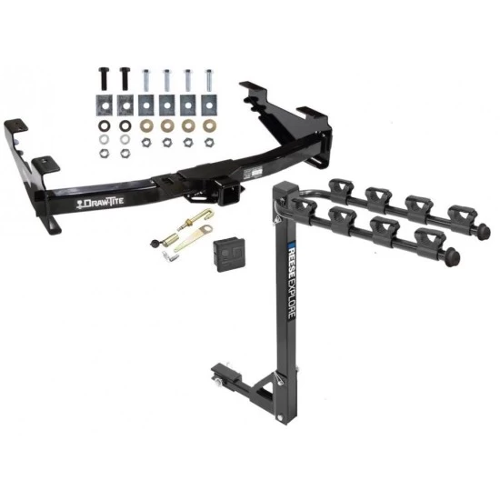 Trailer Tow Hitch w/ 4 Bike Rack For 01-10 Chevy Silverado GMC Sierra 2500 3500 HD 2007 Classic, 6-1/2 & 8 Ft Bed tilt away adult or child arms fold down carrier w/ Lock and Cover