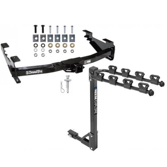 Trailer Tow Hitch w/ 4 Bike Rack For 01-10 Chevy Silverado GMC Sierra 2500 3500 HD 2007 Classic, 6-1/2 & 8 Ft Bed tilt away adult or child arms fold down carrier