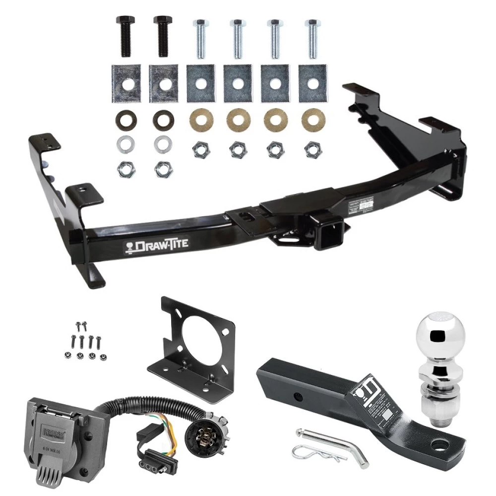 Trailer Hitch Package w/ Wiring For 01-10 Chevy Silverado GMC Sierra 2500 HD 3500 HD 07-07 Classic w/ 2" Ball 2" Drop Mount 7-Way Pin Blade RV Class 4