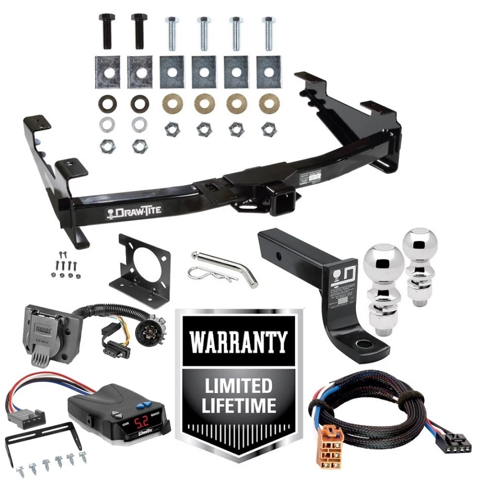 Trailer Hitch Brake Control For 01-10 Chevy Silverado GMC Sierra 2500 HD 3500 HD 07-07 Classic w/ Plug Play Wiring 2" and 2- 5/16" Ball 4" Drop Mount 7-Way Pin Blade RV Controller Class 4