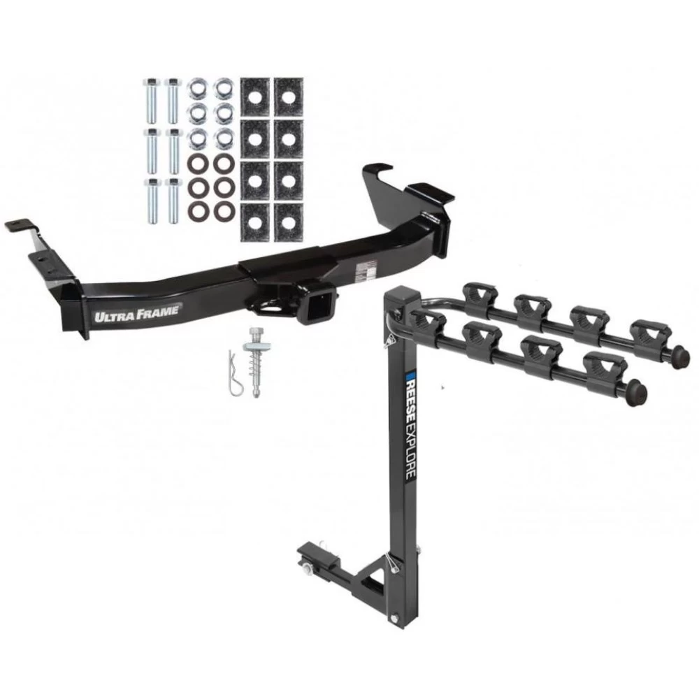 Trailer Tow Hitch w/ 4 Bike Rack For 00-14 Ford Econoline Van Except Shuttle Bus tilt away adult or child arms fold down carrier