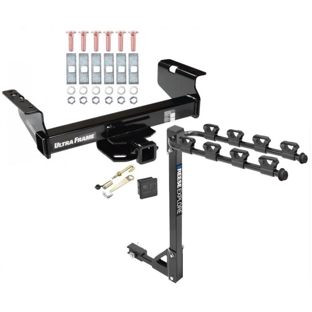 Trailer Tow Hitch w/ 4 Bike Rack For 01-25 Chevy Silverado GMC Sierra 3500 HD 2007 Classic 07-12 Dodge Ram 3500 4500 5500 tilt away adult or child arms fold down carrier w/ Lock and Cover