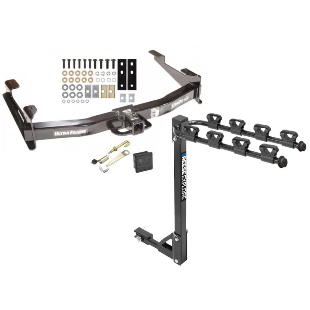 Trailer Tow Hitch w/ 4 Bike Rack For 01-10 Chevy Silverado GMC Sierra 2500 3500 HD 2007 Classic, 6-1/2 & 8 Foot Bed tilt away adult or child arms fold down carrier w/ Lock and Cover