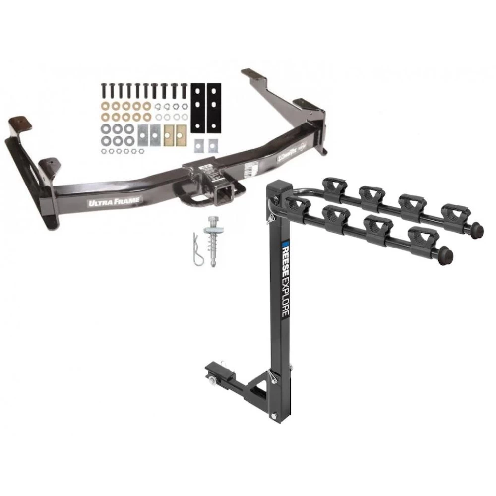 Trailer Tow Hitch w/ 4 Bike Rack For 01-10 Chevy Silverado GMC Sierra 2500 3500 HD 2007 Classic, 6-1/2 & 8 Foot Bed tilt away adult or child arms fold down carrier